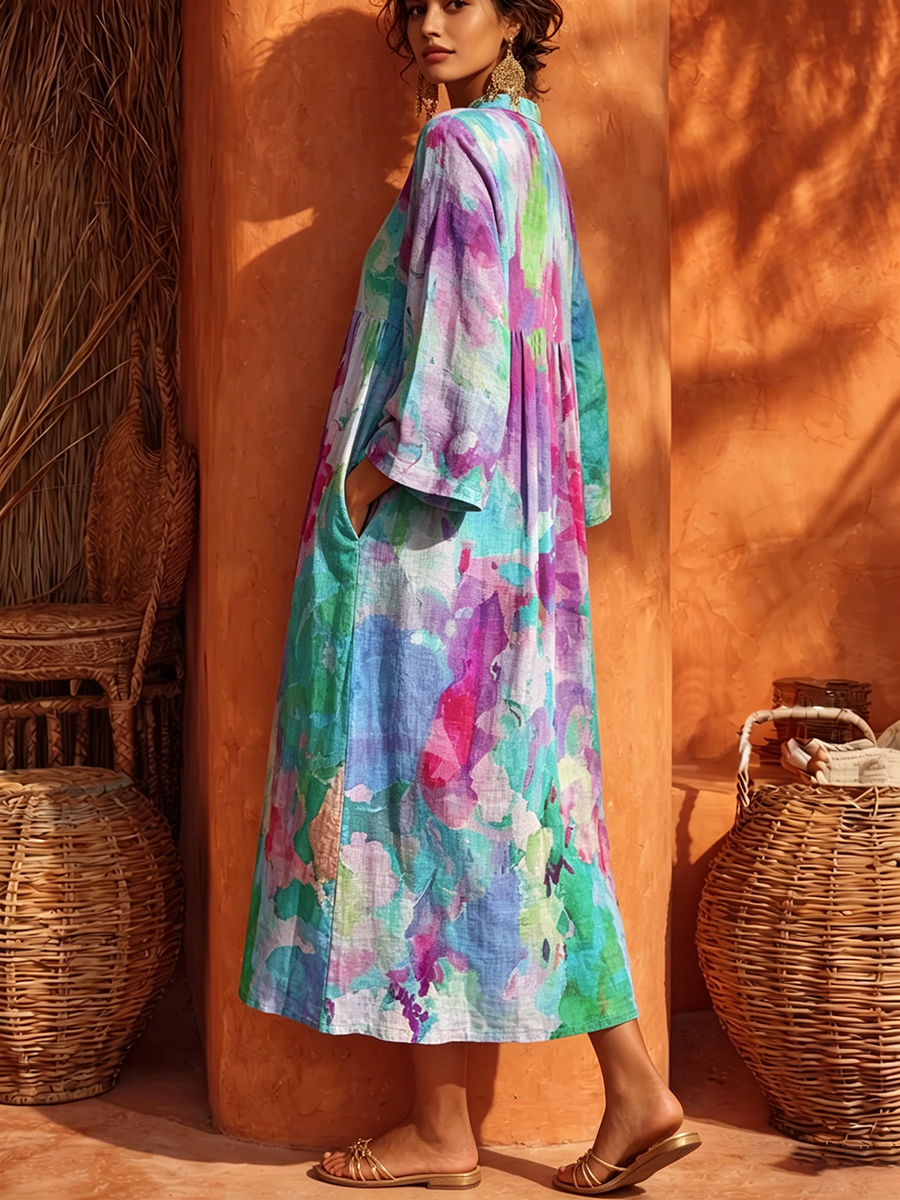 Romantic Watercolor Print Cotton-linen Maxi Dress