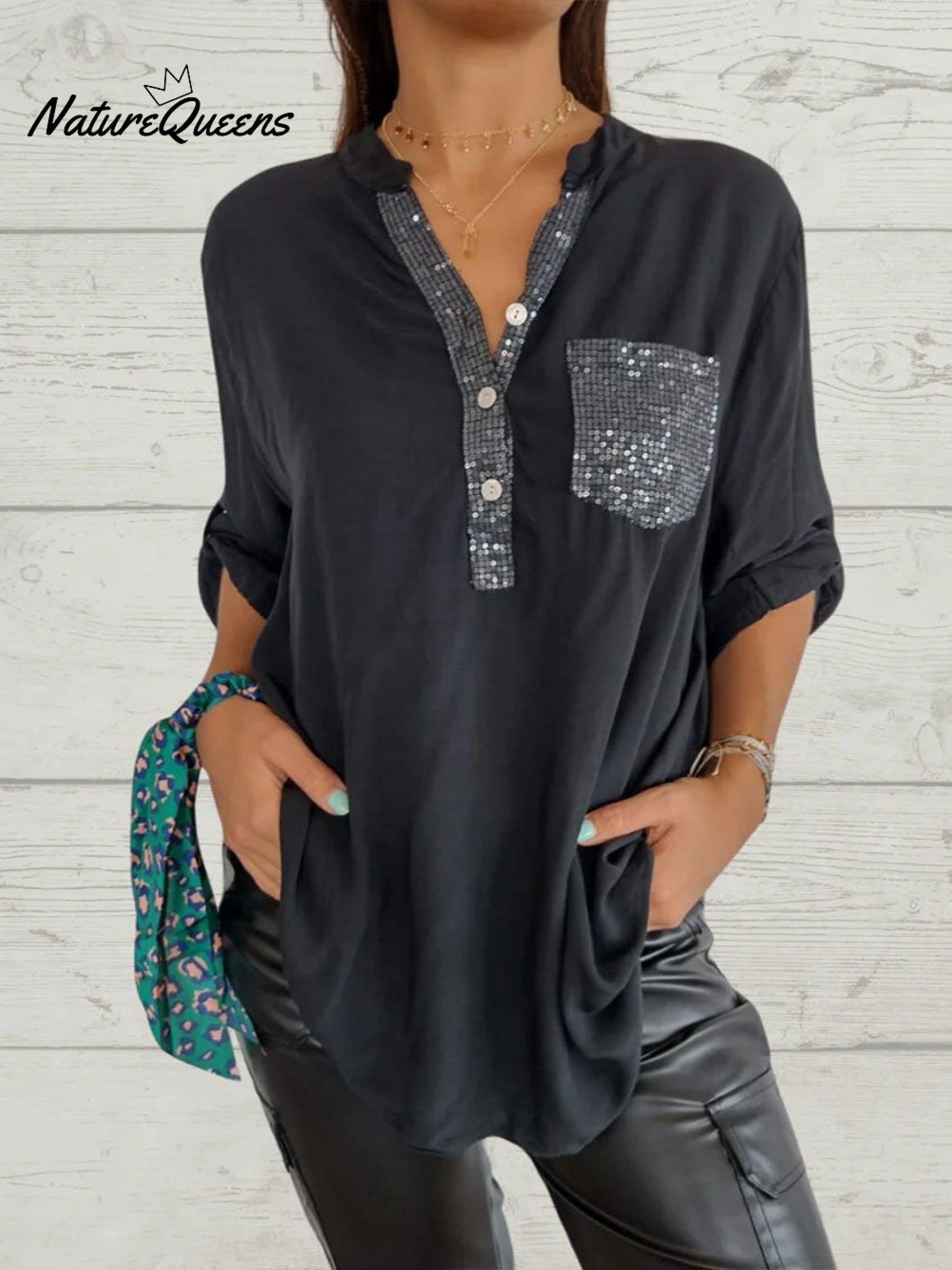 Women's Casual Sequin Patchwork Shirt