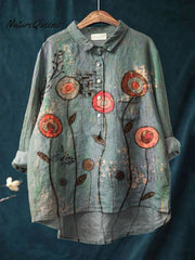 Women's Flower Print Casual Cotton And Linen Shirt