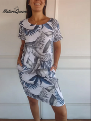 Women's Cotton and Linen Round Neck Printed Dress