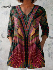 Summer Tropical Bird Symmetrical Pattern Printed Women's Casual Linen V-Neck Shirt