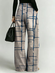 Women's Retro Geometry Pattern Printed Stylish Cutout Casual Denim Jeans