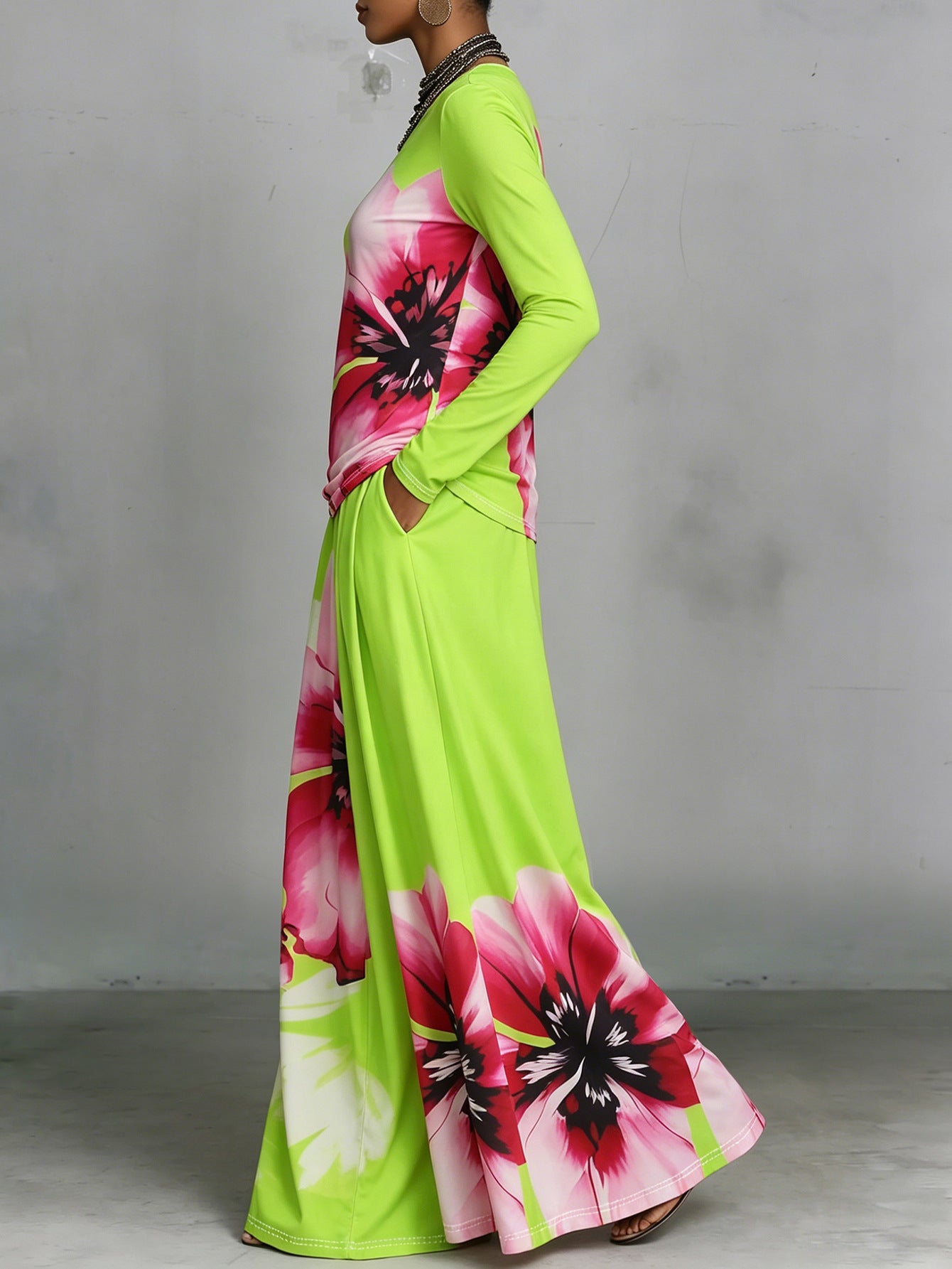 Stylish Printed Casual Cotton Top And Wide-leg Pants Two-piece Set