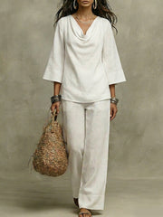 Loose-fit Cowl Neck Long-sleeve Cotton Linen Top And Pants