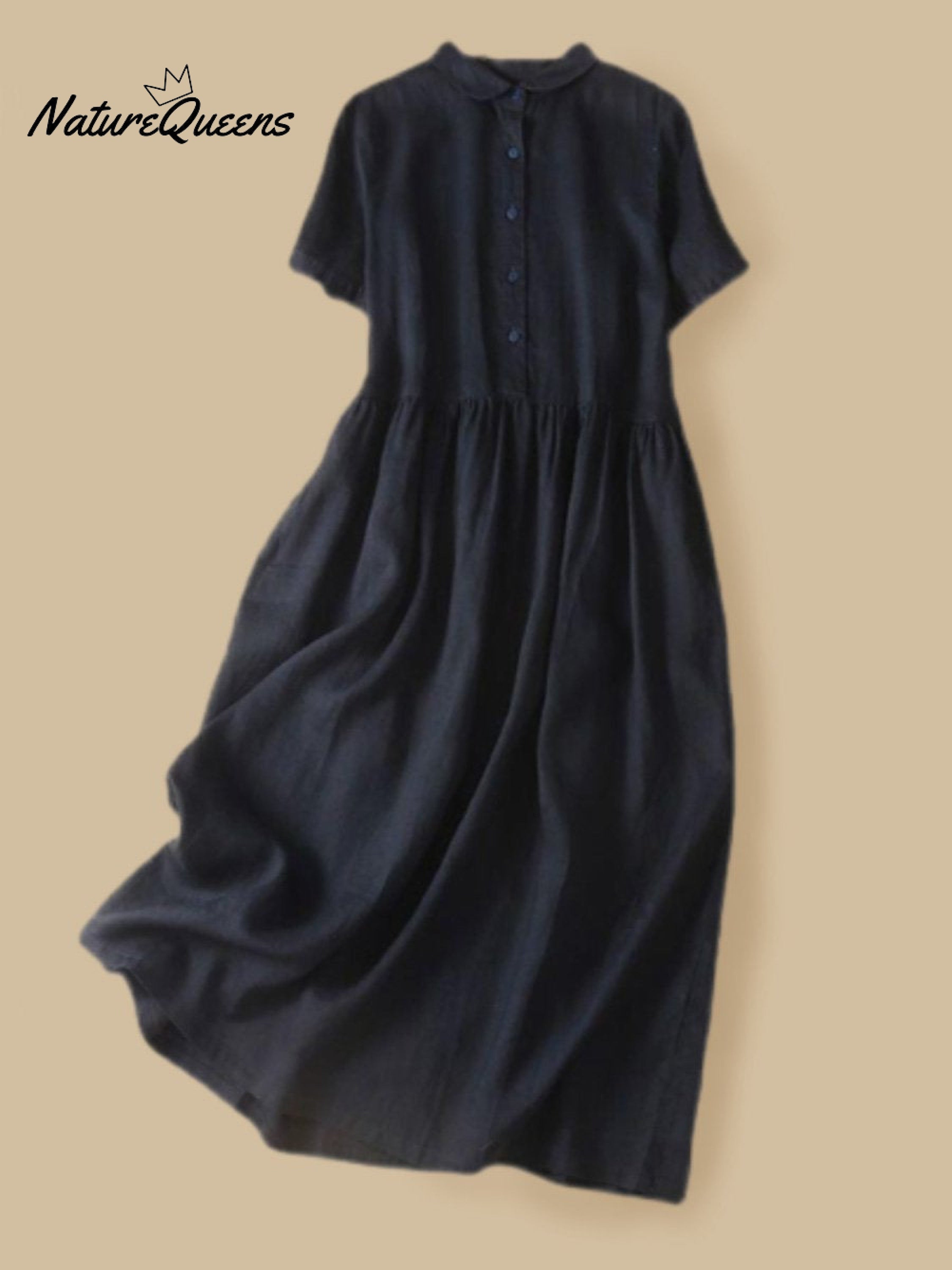 Women's Cotton And Linen Short Sleeve Solid Color Casual Shirt Dress