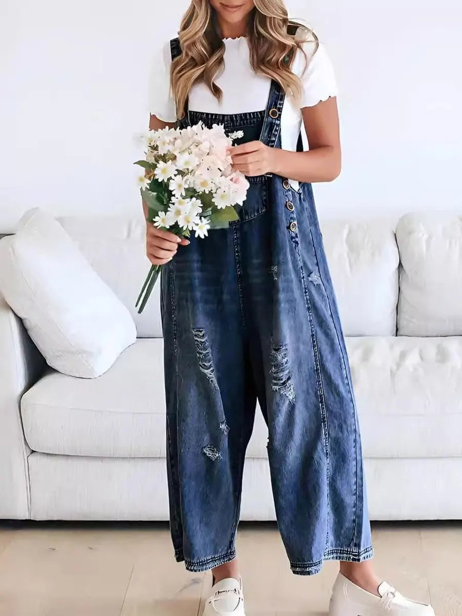 Women's Retro Distressed Loose Wide-leg Denim Jumpsuit