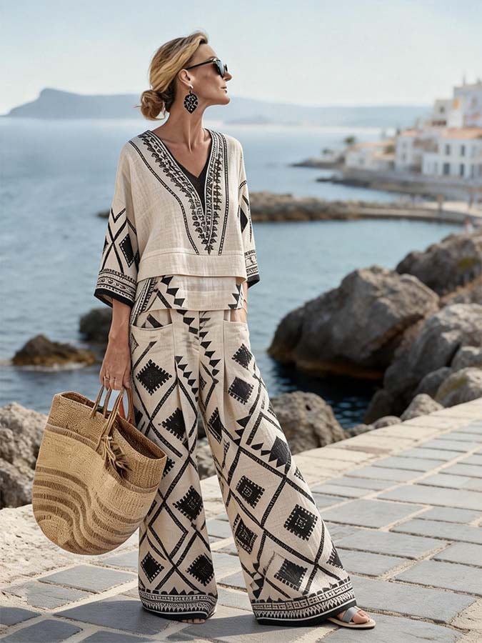 Women'S Casual V-Neck Printed Wide-Leg Pants Set