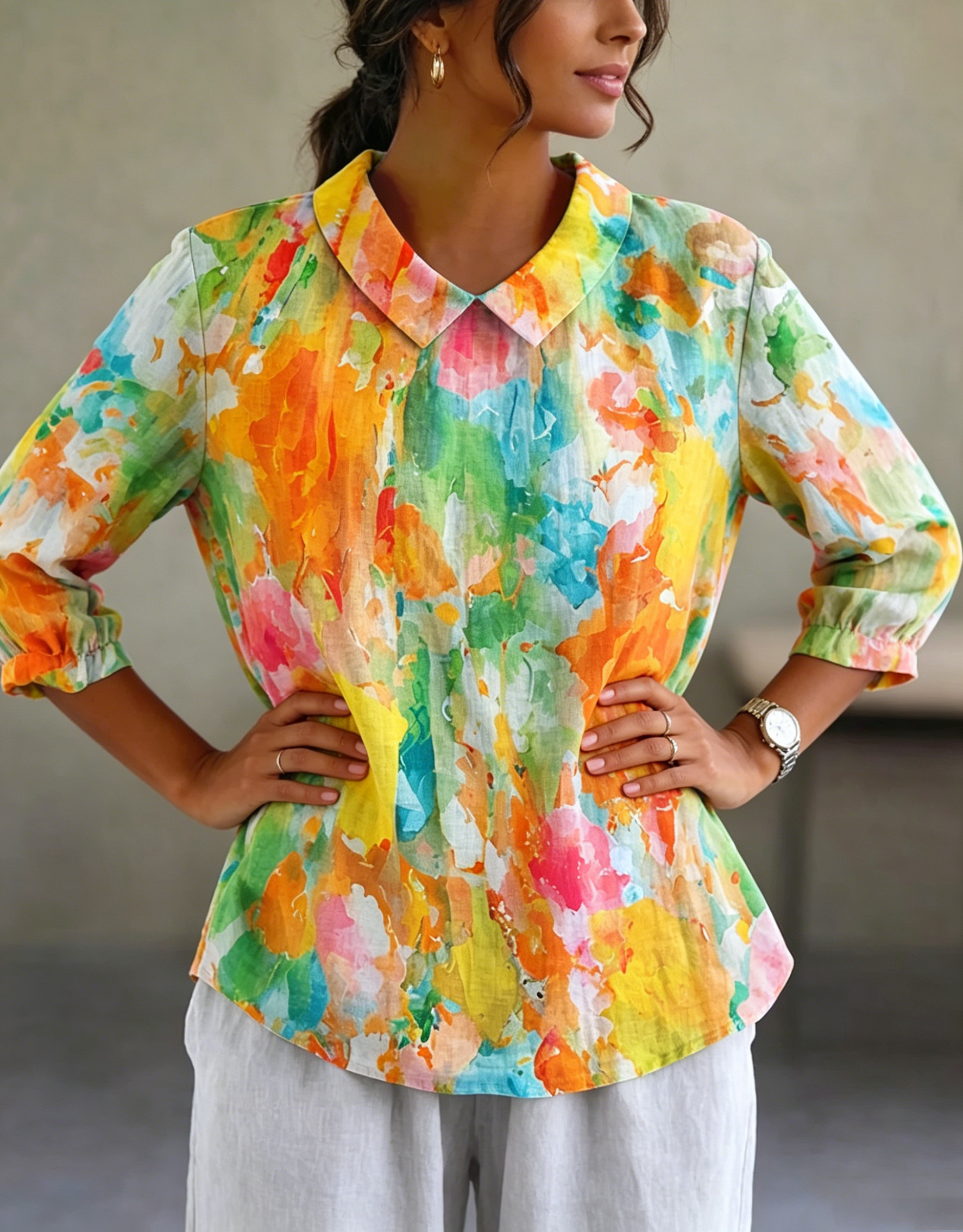 Artistic Watercolor Palette Print Peter Pan Collar Cotton-Linen Blouse