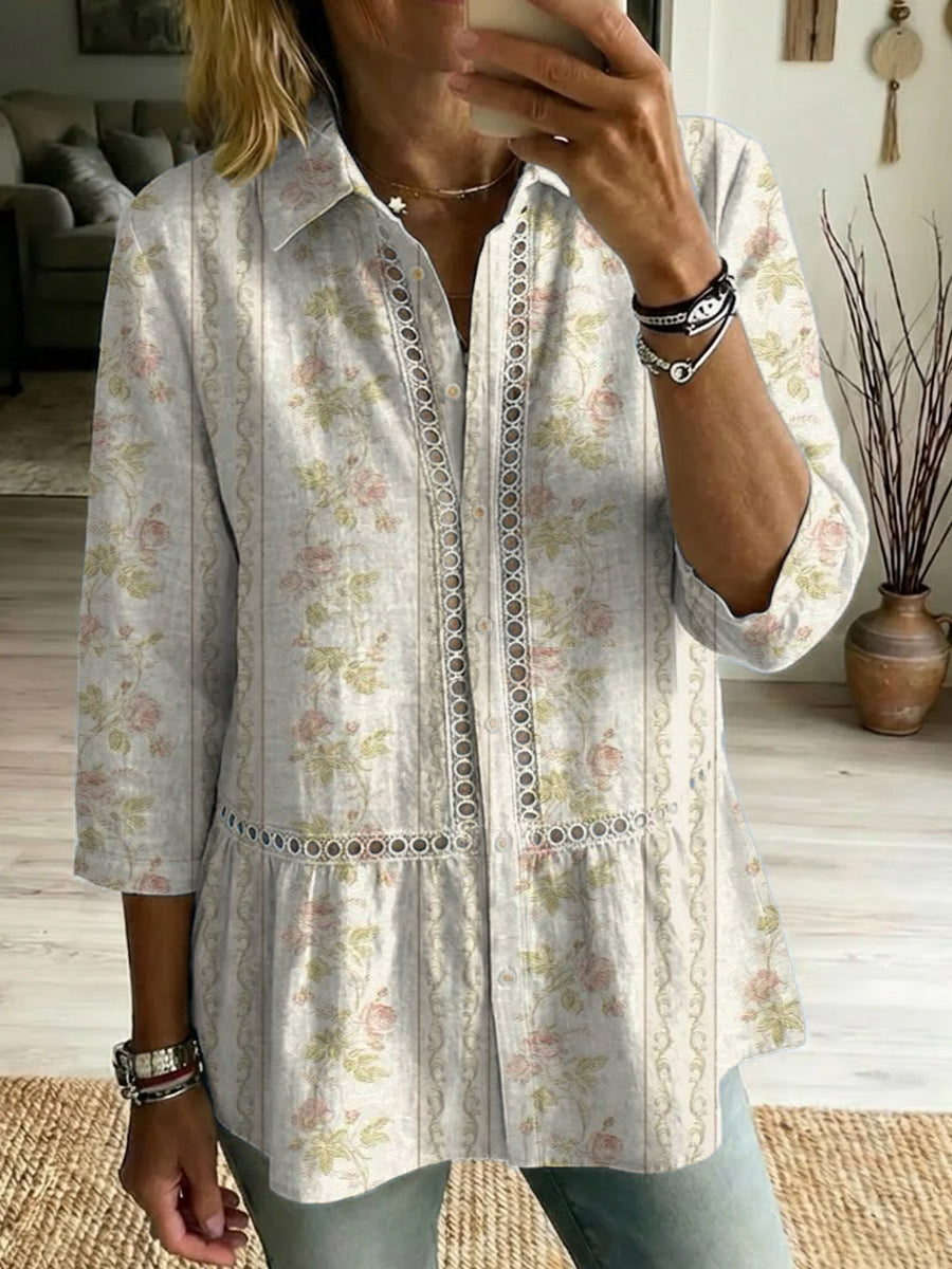 Women's Vintage Botanical Art Print Casual Cotton Shirt With Lapel Collar