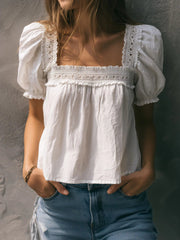 Casual Linen And Cotton Top With Lace Paneling