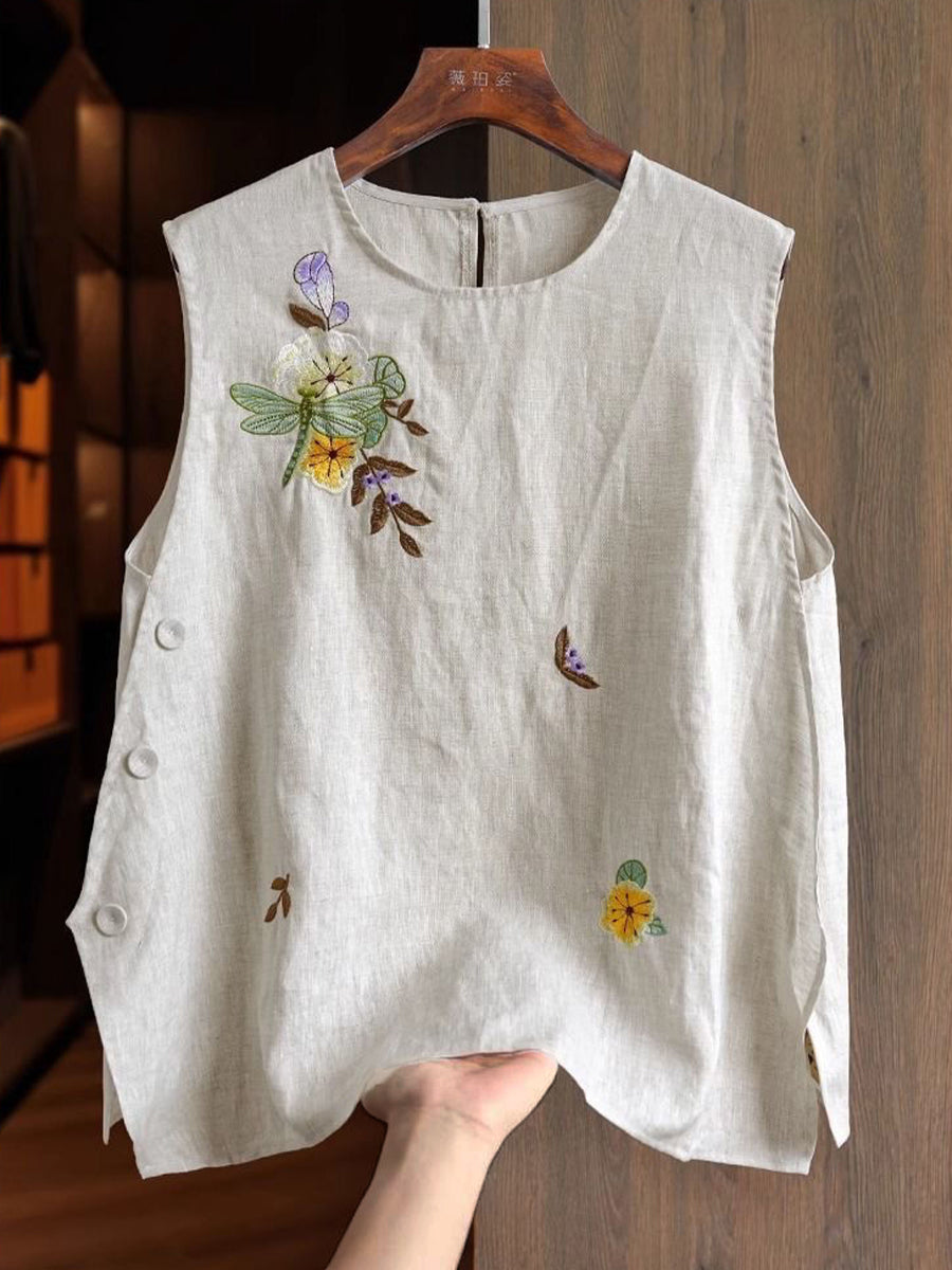 Casual Embroidered Linen And Cotton Sleeveless Top
