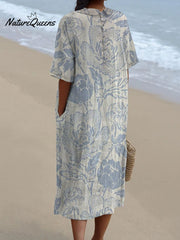 Women's Vintage Floral Art Print Pocket Linen Dress（Convertible Dress With Front And Back Option）