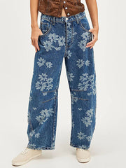 Women's Flower Print Loose-fit Mid-rise Straight-leg Jeans