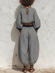 Black & White Houndstooth Balloon Sleeve Crop Top & Harem Pants Set