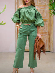 Casual Off-shoulder Cropped Cotton Shirt With Lantern Sleeves