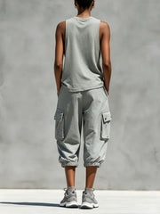 Light Gray Washed Cotton Crew Neck Sleeveless Tank Top & Drawstring Elastic Waist Multi-pocket Cargo Cropped Pants Set