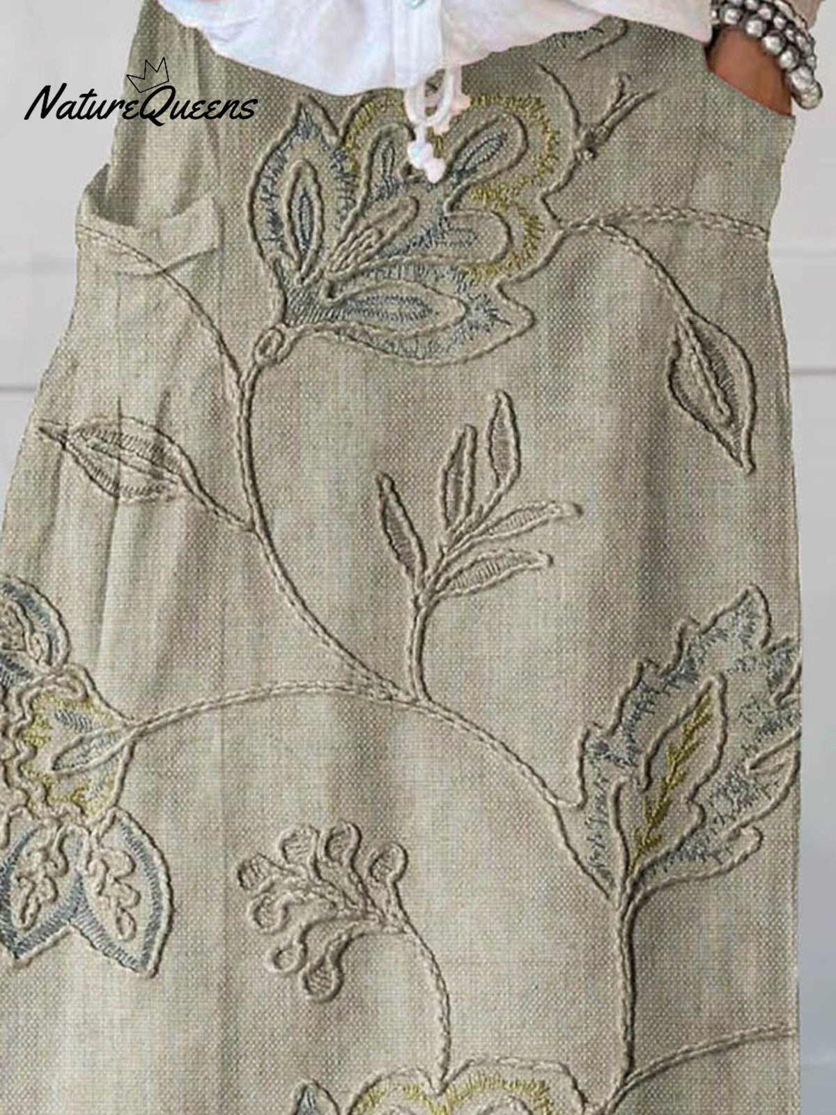 Women's Flowers And Leaves Art Pattern Print Linen Pocket Skirt