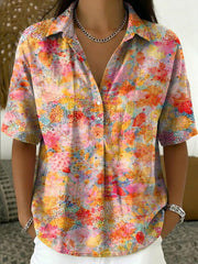 Women's Retro Botanical Print Casual Short-sleeve Linen-cotton Shirt With Polo Collar