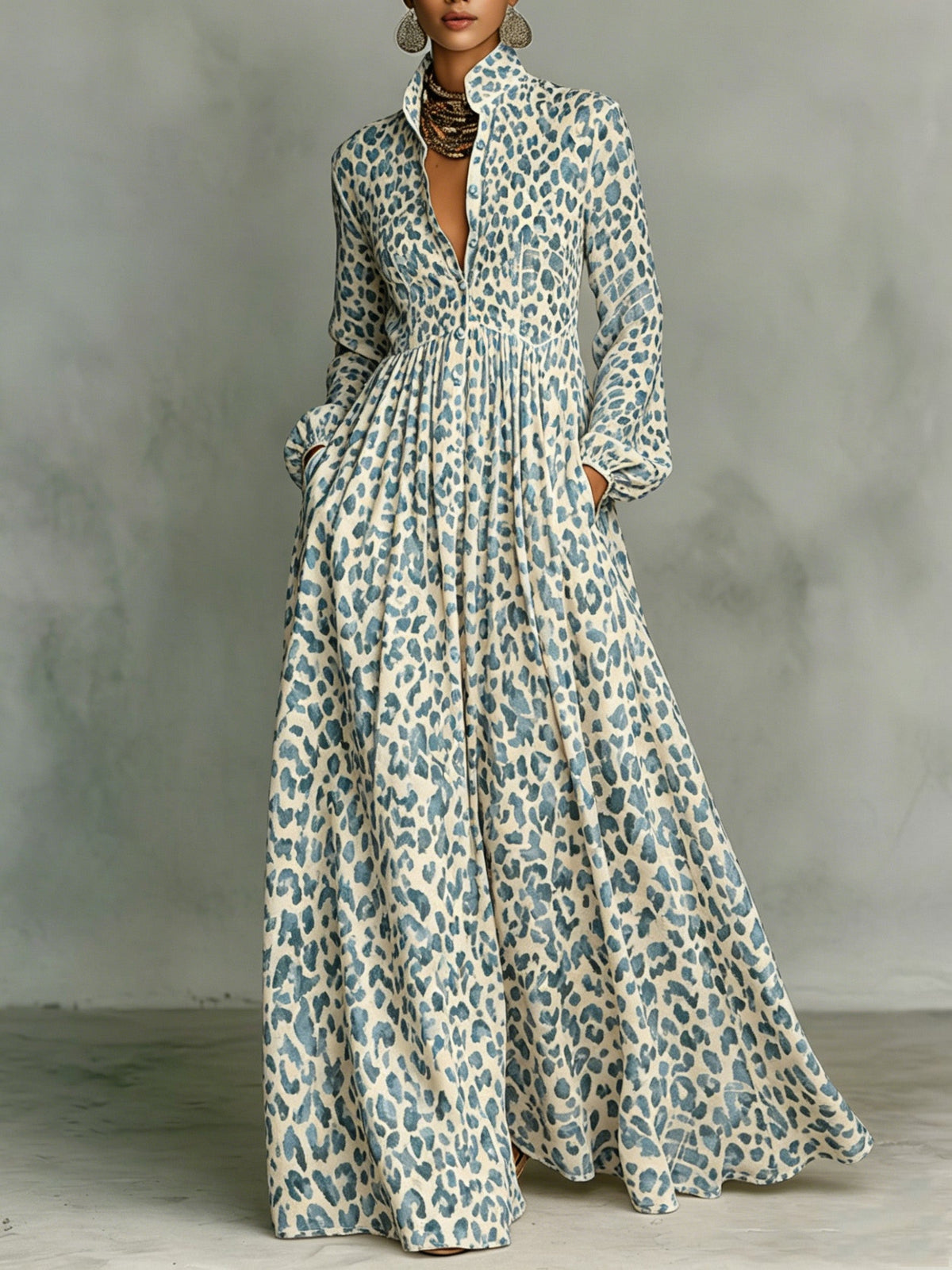 Gradient Leopard Print Stand Collar Button-down Maxi Shirt Dress