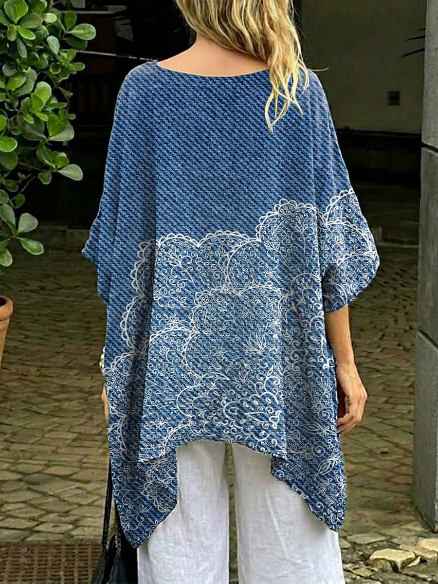 Women's Retro Floral Art Print Casual Cotton Long Shirt