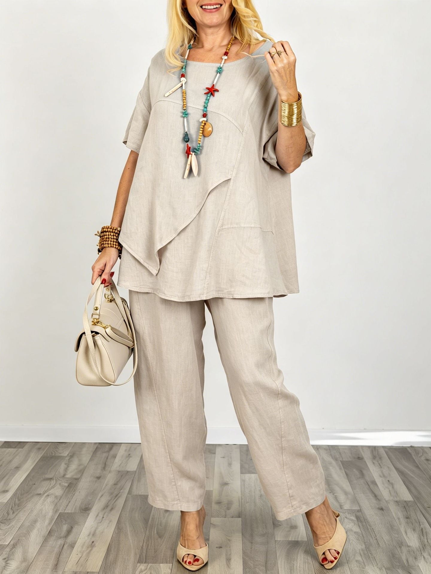 Casual Linen And Cotton Two-piece Top And Pants Set