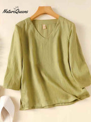 Women's V Neck Cotton and Linen Shirt