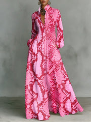 Snakeskin-print Stand-collar Single-breasted Long Shirt Dress