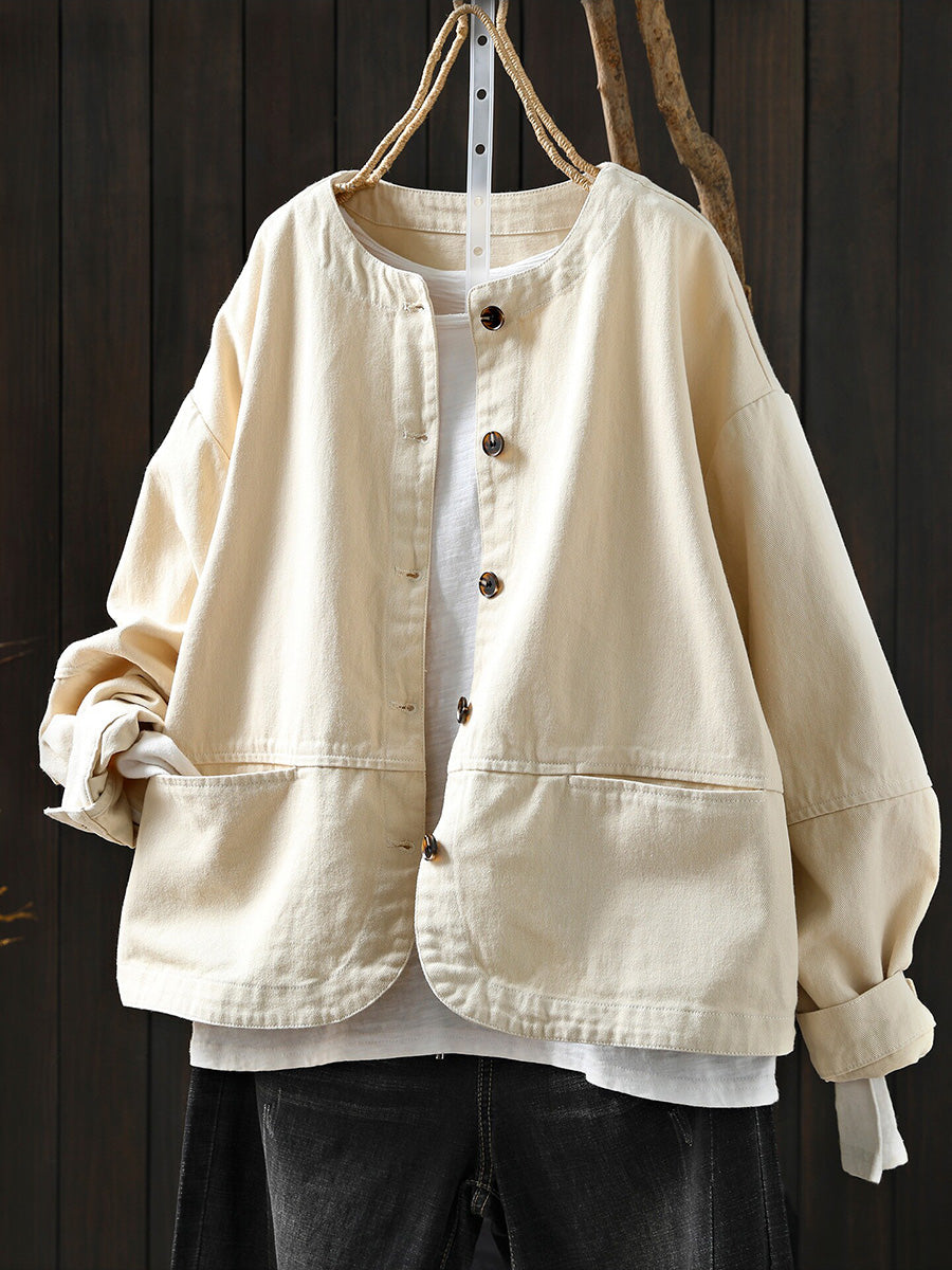 Women Winter Artsy Pure Color O-Neck 100%Cotton Shirt