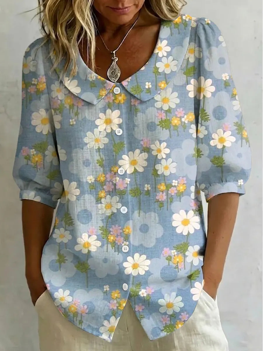 Women's Floral Print Cotton Linen Top