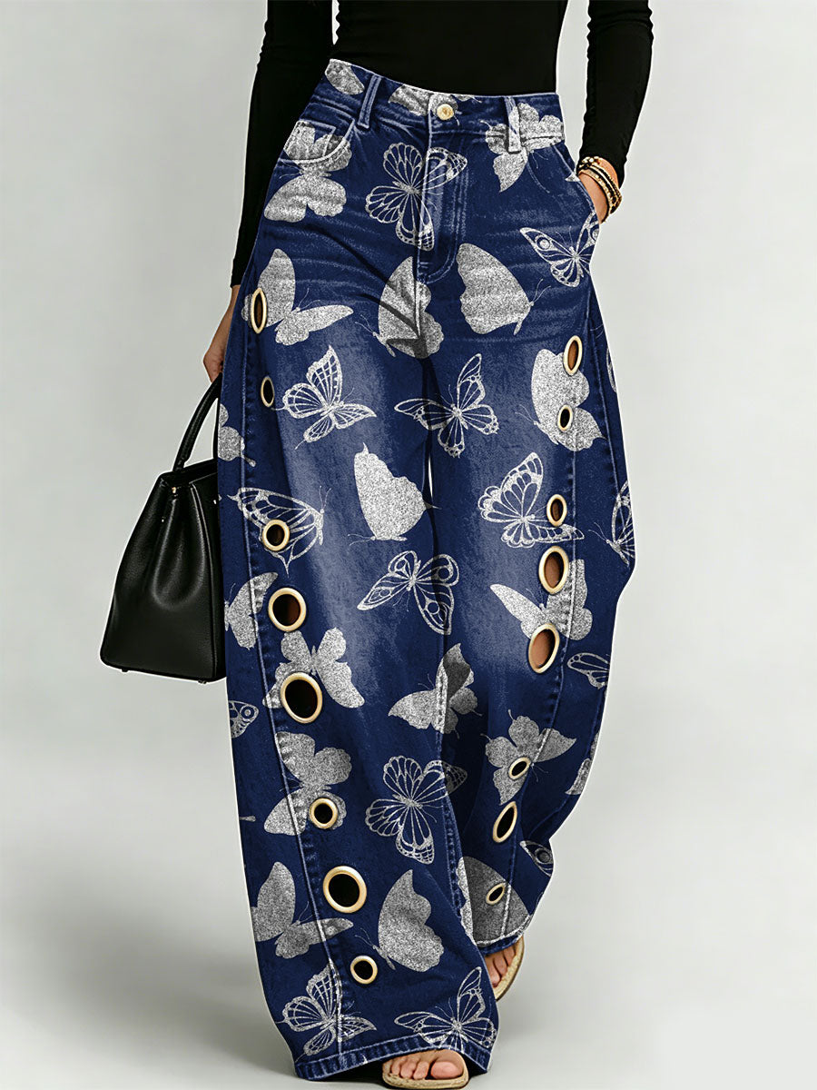 Elegant And Dreamy Butterfly Decorative Pattern Women's Cotton Denim Pants