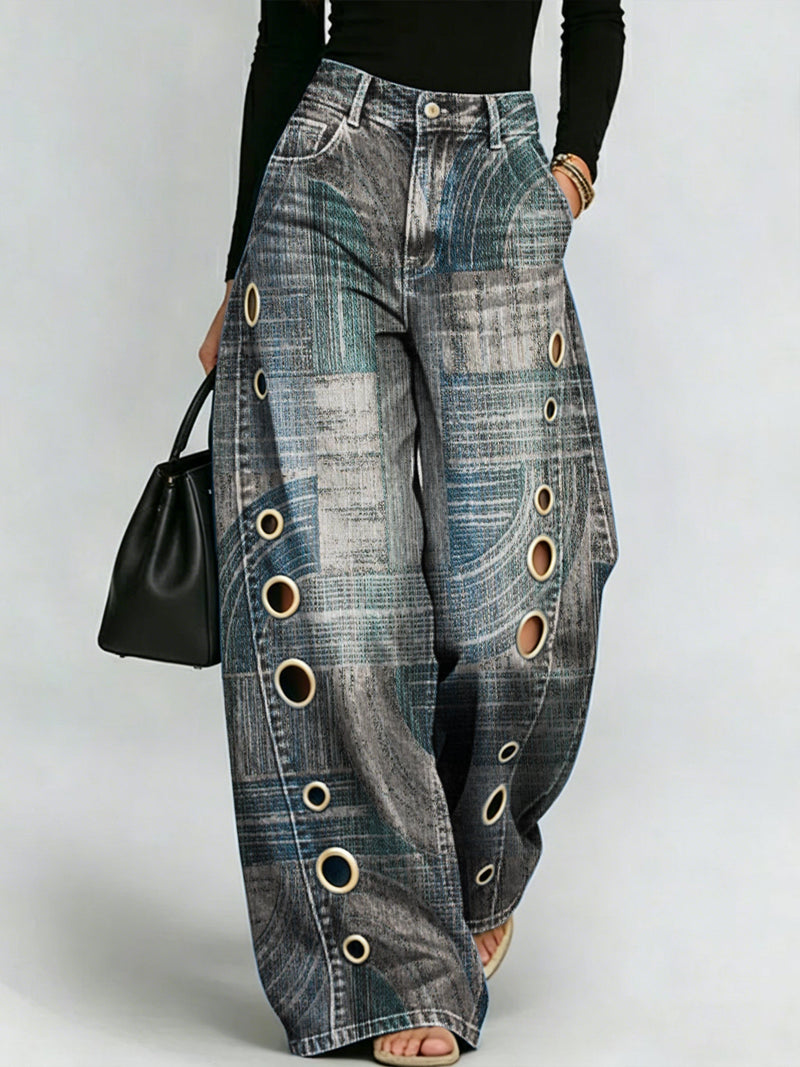 Abstract Geometric Print, Perforated Metal Detail, Draped Wide-leg Jeans