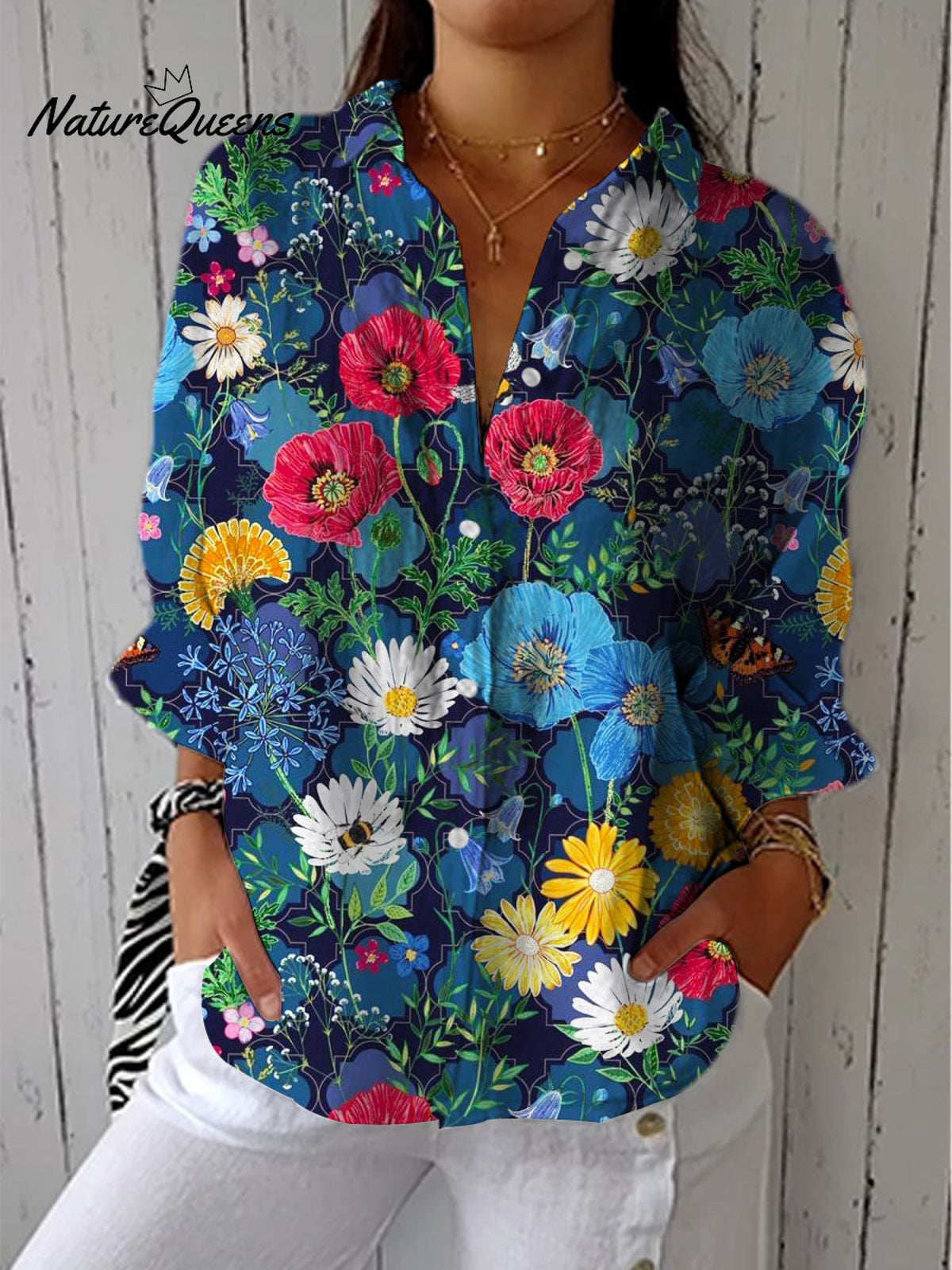 Women's Vintage Floral Art Print Casual Cotton Linen V-neck Shirt