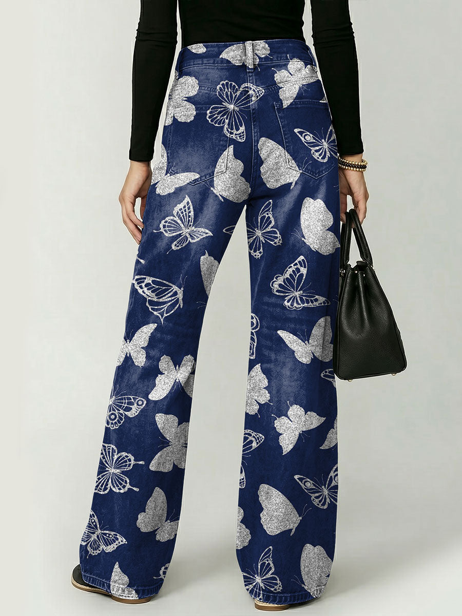 Elegant And Dreamy Butterfly Decorative Pattern Women's Cotton Denim Pants