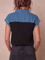 Women's Short-sleeve Casual Loose Top With Shirt Collar And Denim Splicing