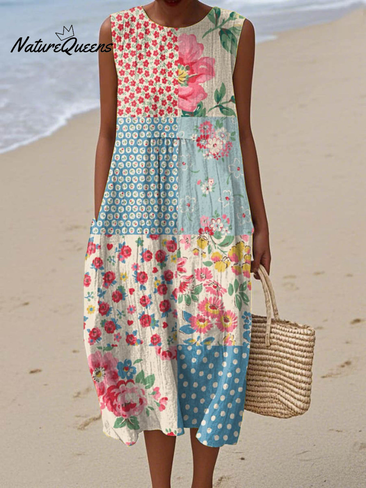 Women's Vintage Floral Pattern Art Print Sleeveless Cotton Pocket Wrap Dress