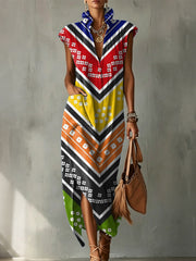 Colorful Exotic Totem Decorative Patterns Women's No Sleeve Bud Collar Linen Cotton Dress