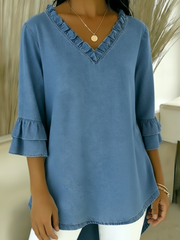 Cozy Ruffled V-neck Denim Cotton Top