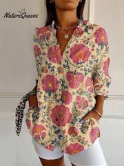 Vintage Ethnic Floral Print Casual Long Sleeve Shirt