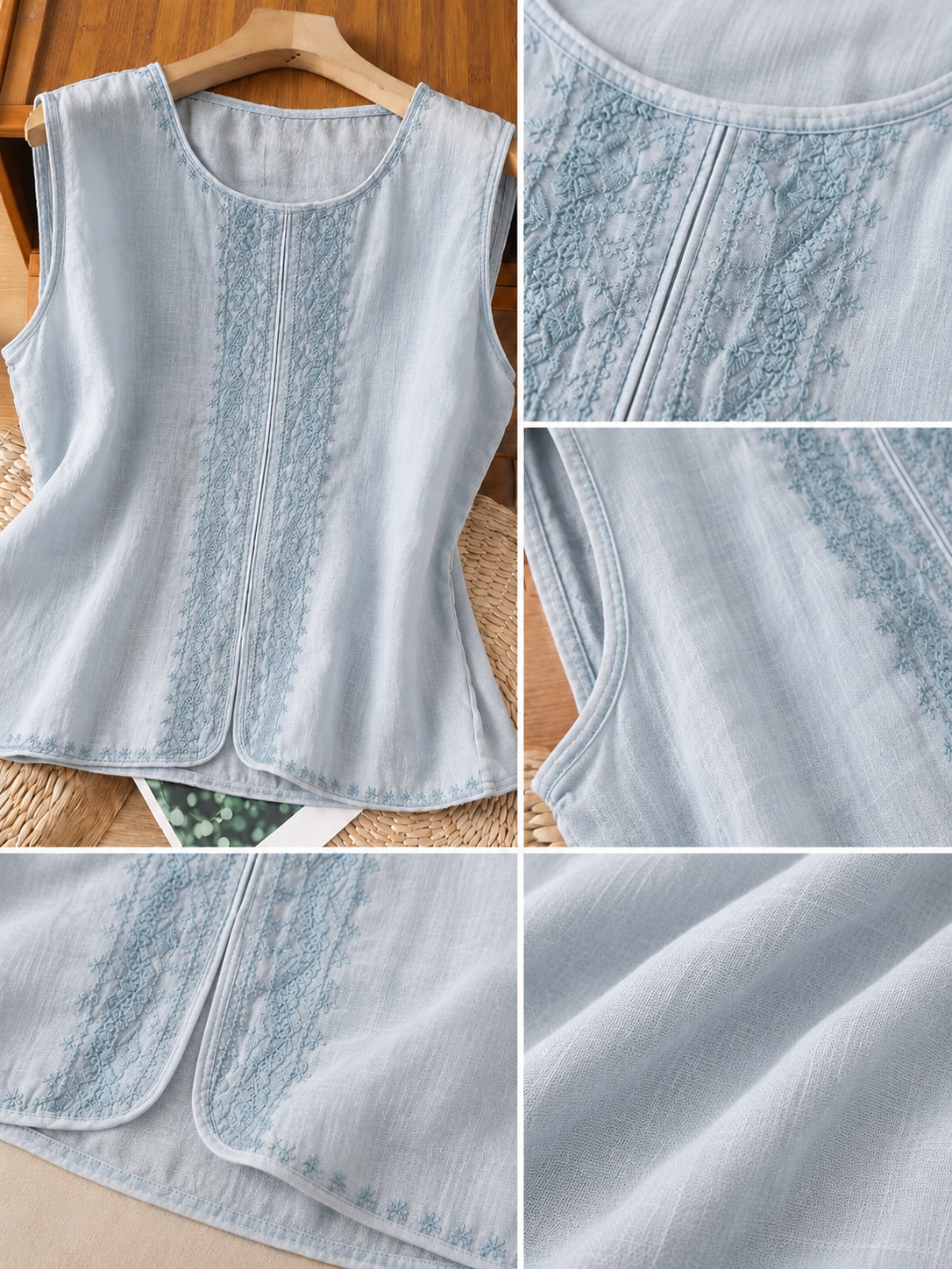 Cotton-linen Sleeveless Vest With Front Embroidery And U-neck