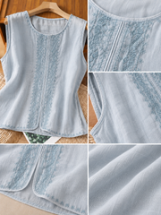 Cotton-linen Sleeveless Vest With Front Embroidery And U-neck