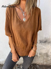 V-Neck Cotton-Linen Smocked Hem Tops (Buy 2 Free Shipping)