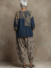Bohemian Paisley Print Linen And Cotton Two-piece Top And Pants Set
