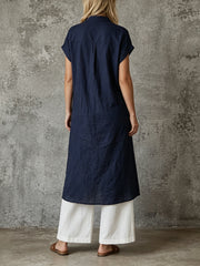 Women's Simple Navy Blue Linen-cotton Half-placket Long Shirt & White High-waisted Wide-leg Linen-cotton Trousers Set