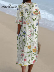 Women's Vintage Lovely Floral Art Print Casual Pocket Linen Dress（Convertible Dress With Front And Back Option）