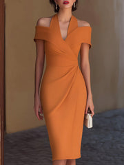 Women's Solid-color V-neck Short-sleeve Casual Slim-fit Pencil Dress