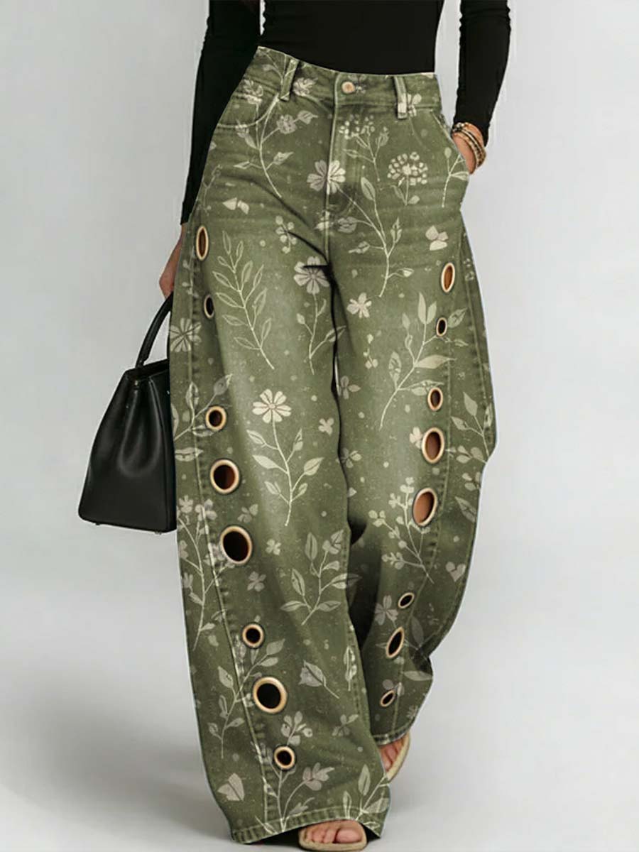 Women's Retro Floral Art Print Casual Stylish Hollow Denim Pants