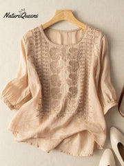 Women's Embroidered Cotton And Linen Lace Patchwork Shirt