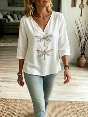 Boho Dragonfly-print Cozy V-neck Cotton-linen Shirt