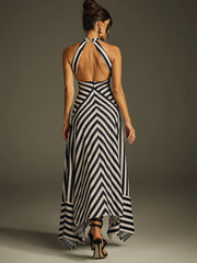 Stylish Artistic Striped Halter Sleeveless Maxi Dress