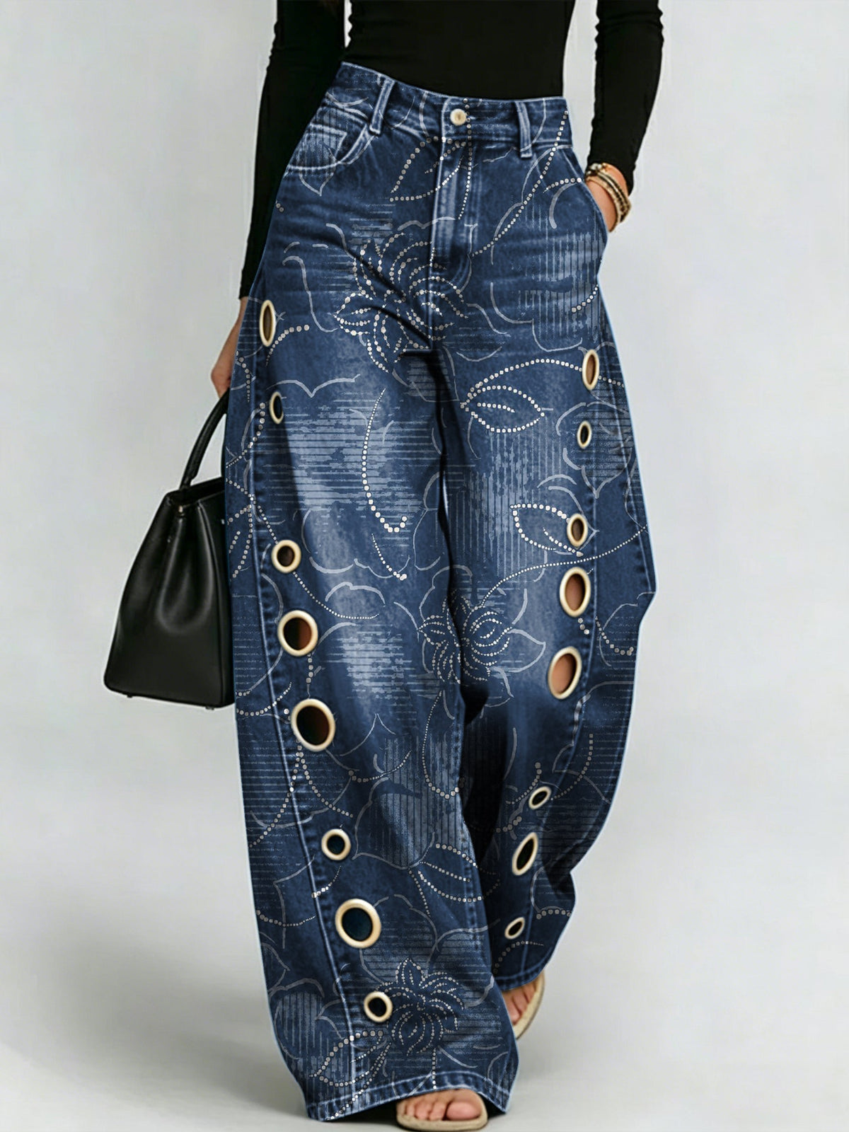 Printed Curved-leg Jeans With Metal Ring Accents